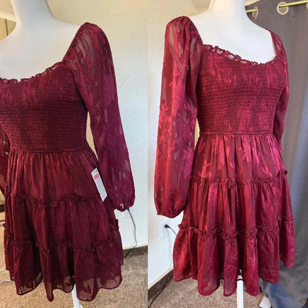 B. Darlin Burgundy Floral Burnout Smocked Tiered Mini Dress Womens 3/4 NWT - Picture 3 of 7